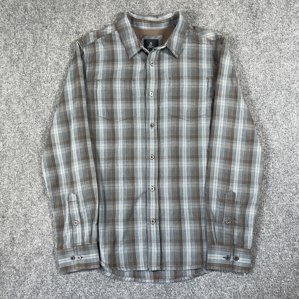 Prana Button Up Shirt Mens Small Brown Blue Plaid Organic Cotton Blend Outdoor